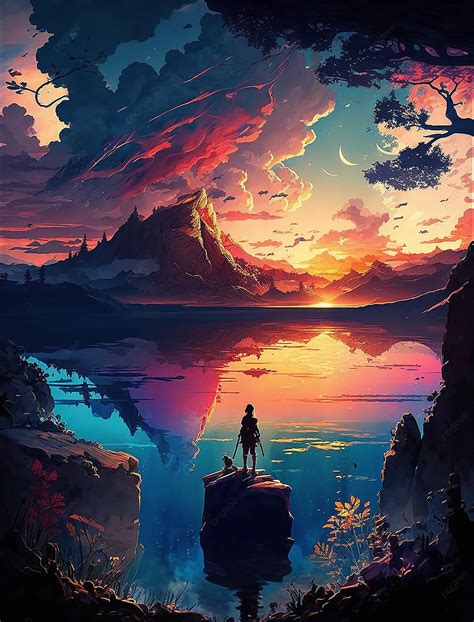 Sunset Forest Mountains Sky Cartoon Fantasy Oil Painting Decorative