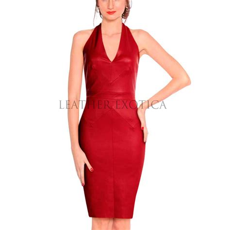 Classic Women Halter Neck Red Leather Dress Leatherexotica