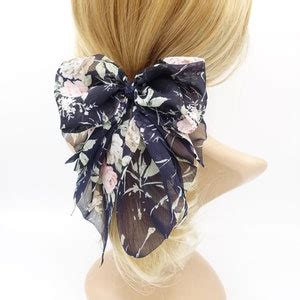 Chiffon Flower Print Bow Droopy Floral Layered Style Bow Hair Accessory ...