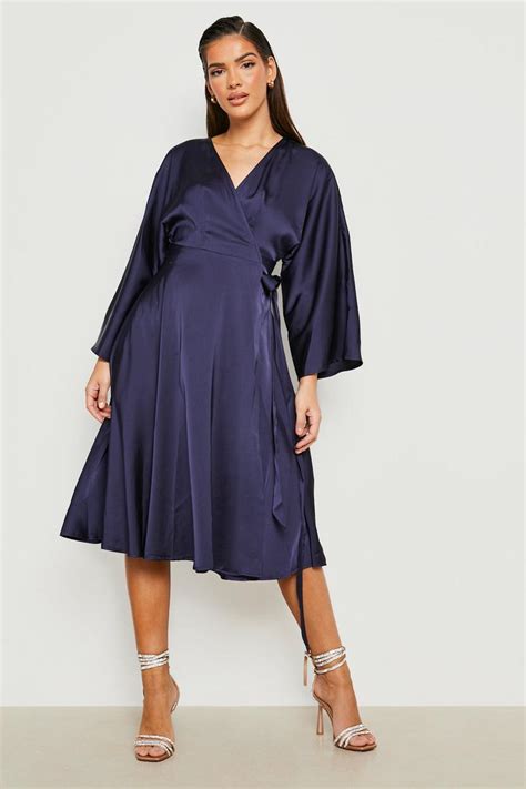 Satin Wrap Midi Skater Dress Boohoo Uk