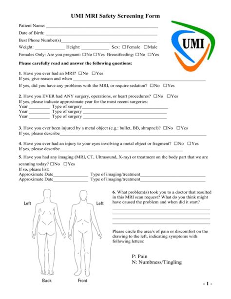 Mri Safety Screening Form