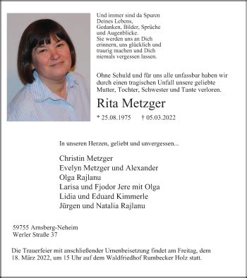 Traueranzeigen Von Rita Metzger Trauer In Nrw De