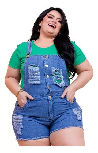 Jardineira Jeans Short Plus Size Macacão Feminino Lycra Parcelamento