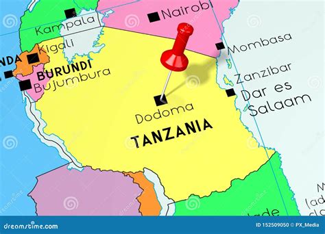 Tansania Dodoma Hauptstadt Festgesteckt Auf Politische Karte Stock