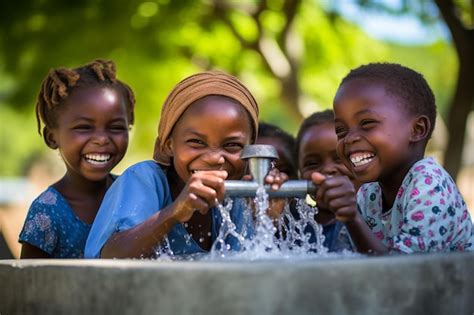 Premium Photo A Group Of Happy Children Drinking Water From A Tap In