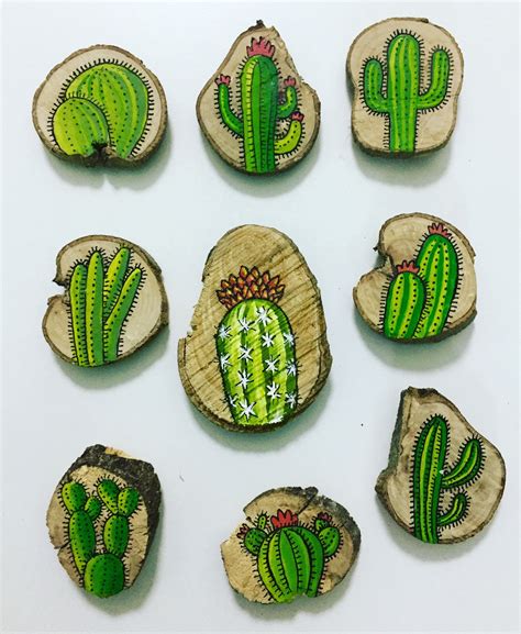 Nuevos imanes de cactus pintados a mano sobre troncos Artesanía de