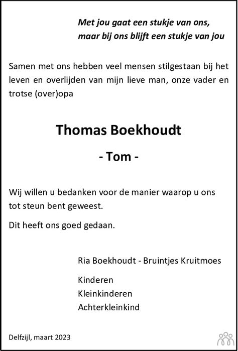 Thomas Tom Boekhoudt 18 01 2023 Overlijdensbericht En Condoleances