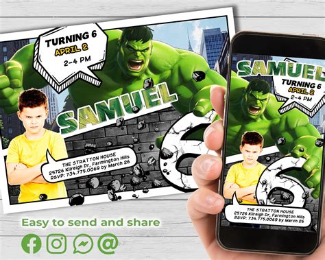 Incredible Hulk Birthday Invitation, Superheroes Invitation, Personalized Hulk Digital ...