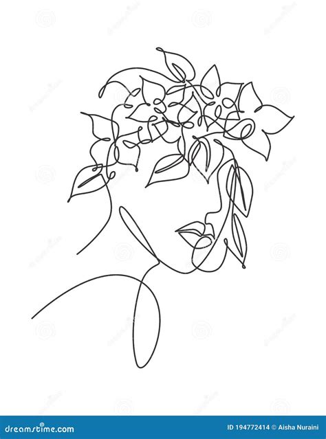 Single Continuous Line Drawing Pretty Woman Face With Flowers Nature