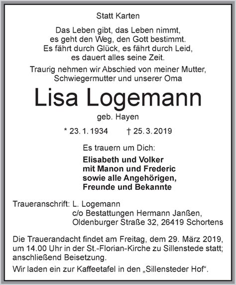 Traueranzeigen Von Lisa Logemann Nordwest Trauer De