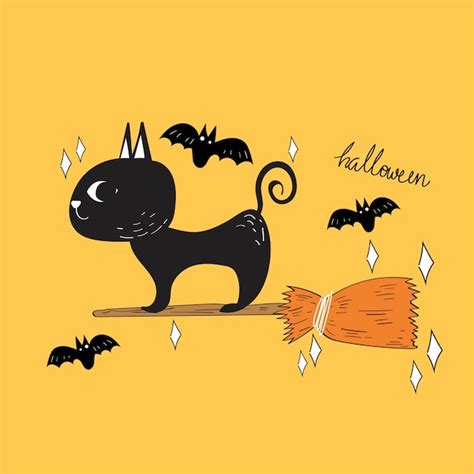 Premium Vector Vector Of Halloween Black Cat And Bat Doodle