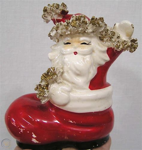 Vintage Christmas Santa Claus In Boot Figurine W Thick Spaghetti Art Trim Japan 1961240546