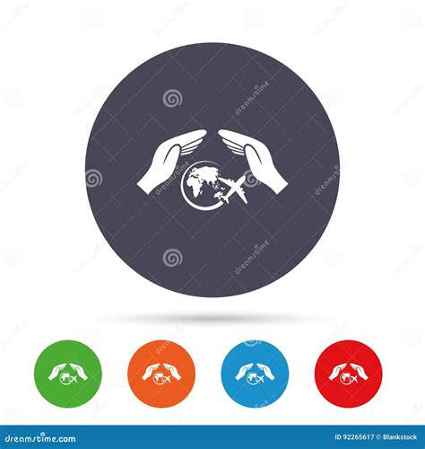 Flight Insurance Sign. Hands Protect Cover Plane. Stock Vector