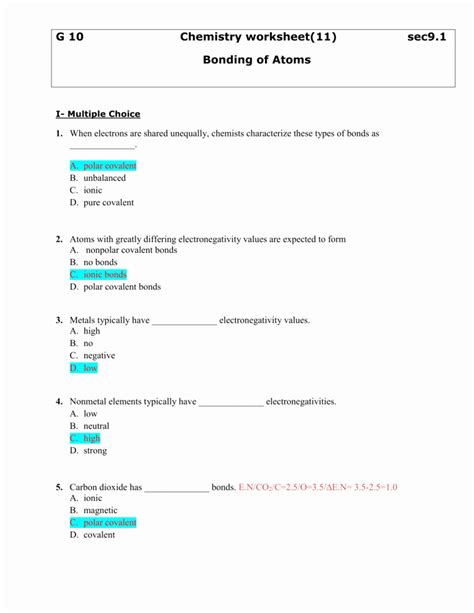 Answer Key Chemical Bonding Worksheet