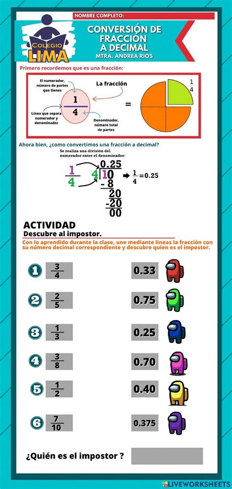 Conversion De Fracción A Decimal Worksheet Decimals Worksheets Decimals School Subjects