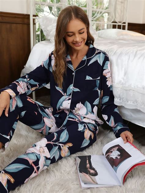 Floral Print Patched Pocket Contrast Piping Pj Set Roupas Femininas