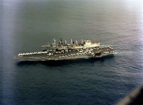 An Aerial Port Beam View Of The Aircraft Carrier USS MIDWAY CV 41 And