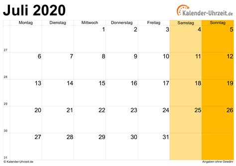 Juli 2020 Kalender Mit Feiertagen