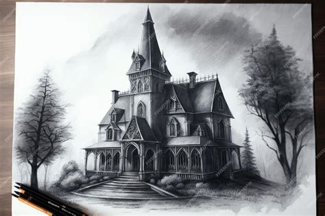 Premium AI Image | Pencil sketch of gothic house surrounded by misty fog and trees