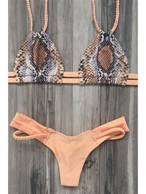 Off Printed Braided Spaghetti Straps Bikini Set In Earthy