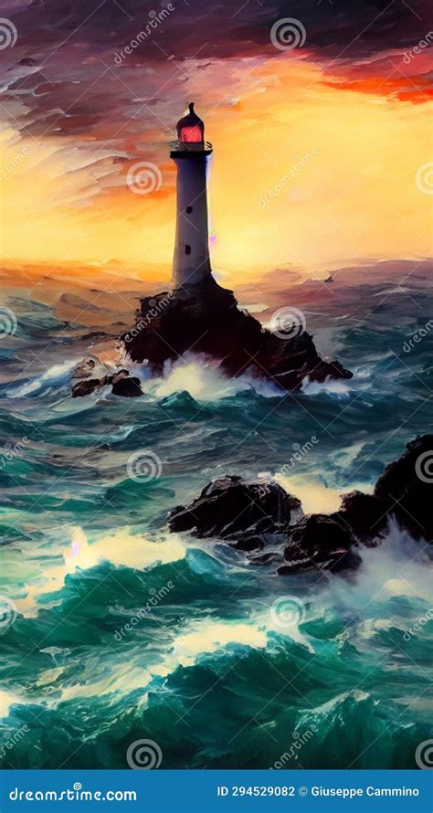 A Lighthouse On A Cliff At Sunset With Stormy Sea And A Cloudy Sky