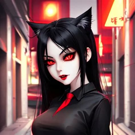 Anime Girl Black Hair Red Eyes Neko