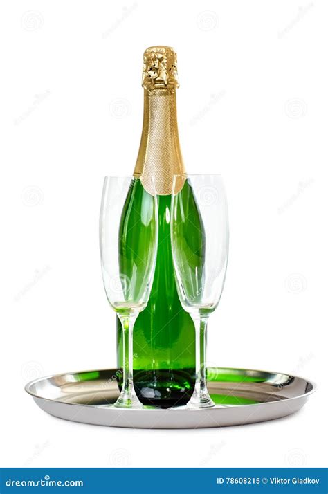 Champagne Bottle With Glasses On The Tray Stock Image Image Of Champagne Golden 78608215