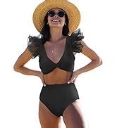 Amazon Sporlike Women High Waisted Swimsuit Ruffle V Neck Bikini Two Pieces Swimwear