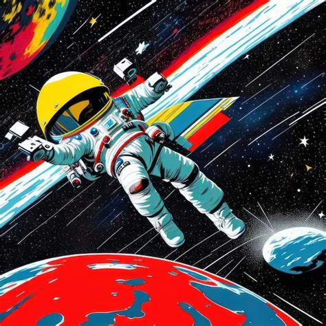 Una Caricatura De Un Astronauta Con Un Casco Amarillo Y Un Planeta Al