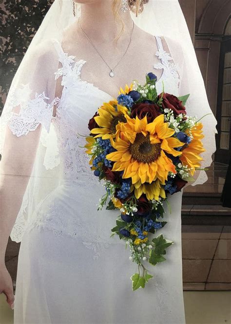 Artificial Navy Burgundy And Sunflower Bridal Bouquet Etsy Sunflower Bridal Bouquet Bridal