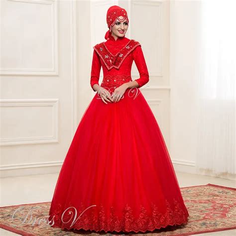 Luxury Red Lace Muslim Wedding Dresses Ball Gown 2016 Hijab Beaded