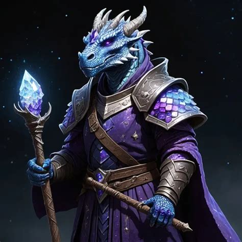 A Dragonborn With Blue And Purple Skin Covered In Cr