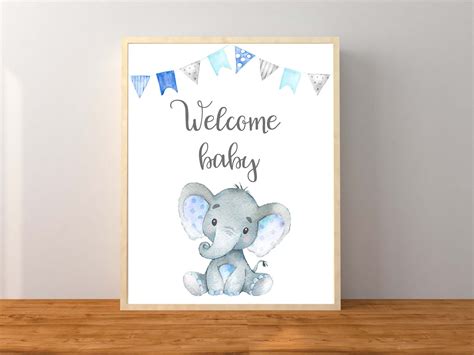 Elephant Welcome Baby Sign Elephant Baby Shower Favors Blue Elephant