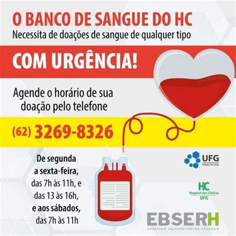 Banco de Sangue do HC UFG necessita de doações urgência UFG