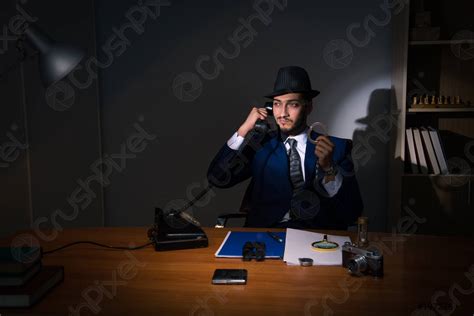 Detective Sitting In Dark Room In Vintage Concept Stock Photo