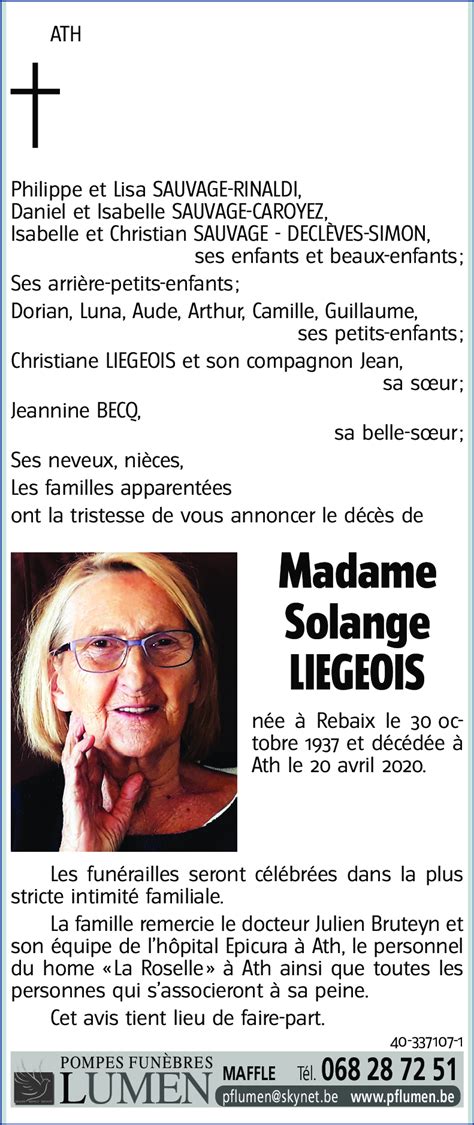 Avis De Décès De Solange Liegeois Décédé Le 20042020 à Ath Annonce