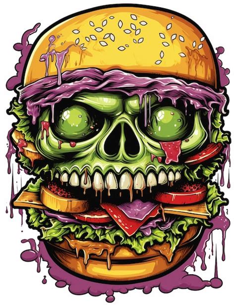 Premium AI Image A Cartoon Zombie Burger With A Skull Face And A Lot