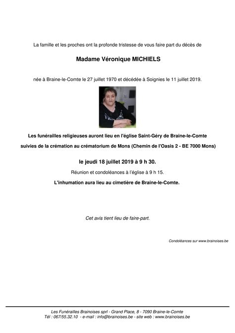 Décès De Madame Véronique Michiels 11 07 19 Annonce Nécrologique