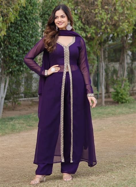 Buy Purple Faux Georgette Embroidered Anarkali Suit After Six Wear