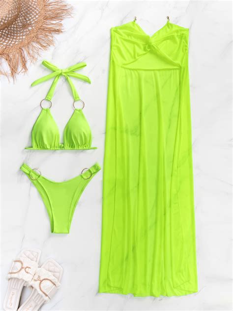 Bañador bikini neón vinculado con aro corte alto con cover up Moda de