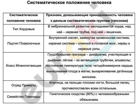 Таблицa Систематическое положение человека | Биология 8 класс заполнена