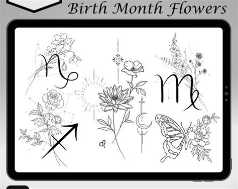 Procreate Birth Month Flowers Zodiac Horoscope Tattoo Stamps