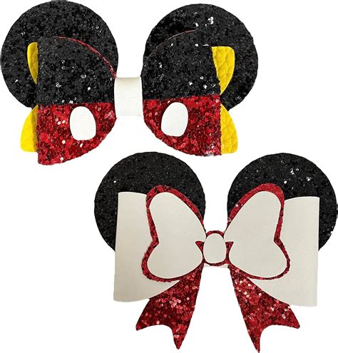 Minnie And Mickey Mouse Ears Hair Bows Clips Glitter Accessory Cute