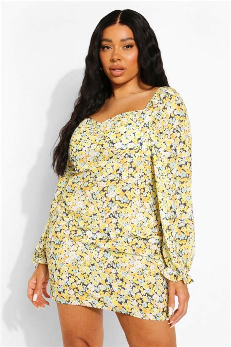 Plus Floral Puff Sleeve Mini Dress Boohoo