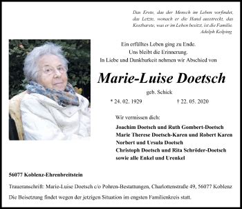 Traueranzeigen Von Marie Luise Doetsch Rz Trauer De