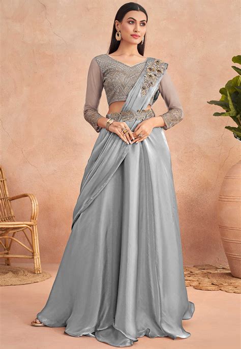 Buy Pre Stitched Satin Georgette Lehenga Style Saree In Grey Online