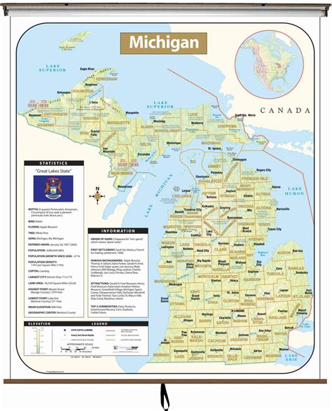 Michigan Large Scale Shaded Relief Wall Map On Roller With Backboard The Map Shop