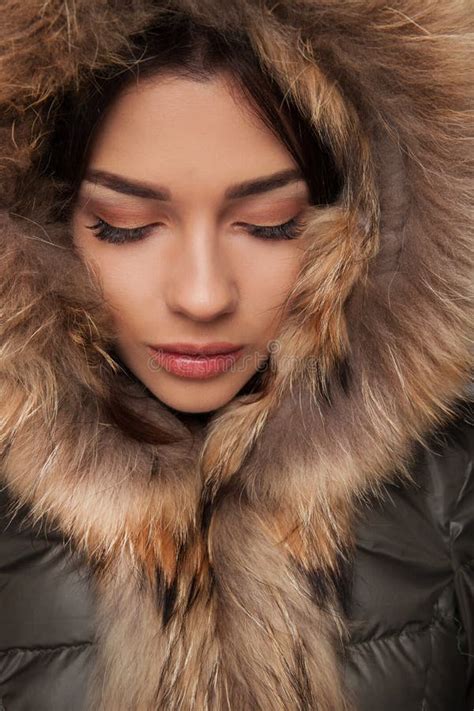 Beautiful Girl Wearing In White Fur Coat And Furry Hat Winter W Stock