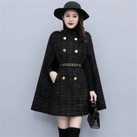 Cape Plaid Woolen Coat Women Shawl 2022 Autumn Chain Double Breasted Tweed Cloak Outerwear