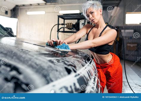 Young Woman Washes A Car In A Car Wash Stock Image Image Of Person Garage 181544363